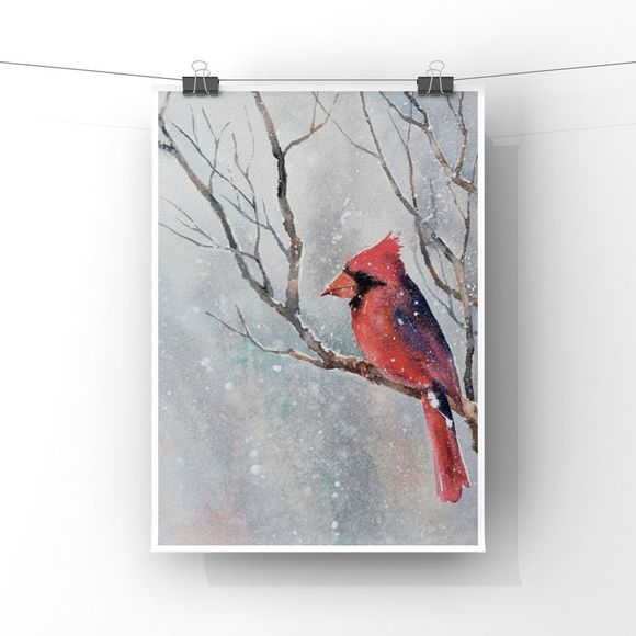 Christmas Wall Art Winter Holiday Bird on Tree Snow home decor art Print - Picture 3 of 5